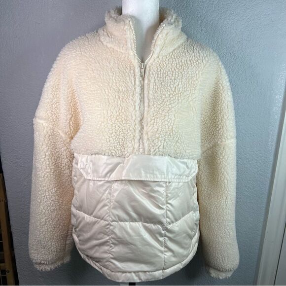 Fabletics Nelly Mixed Media Half Zip Ivory Pocket Pull Over Sherpa Jacket Sz  M - Picture 2 of 11